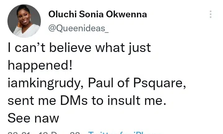 A woman has gone online to describe how veteran singer Paul Okoye
